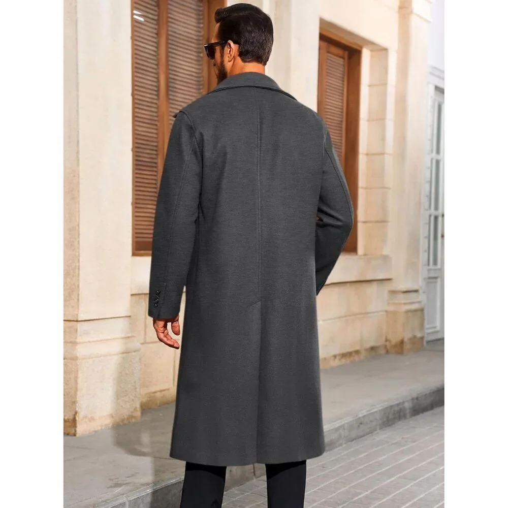 Men's Dark Grey Long Trench Coat Single Breasted Casual Winter Warm Pea Coat